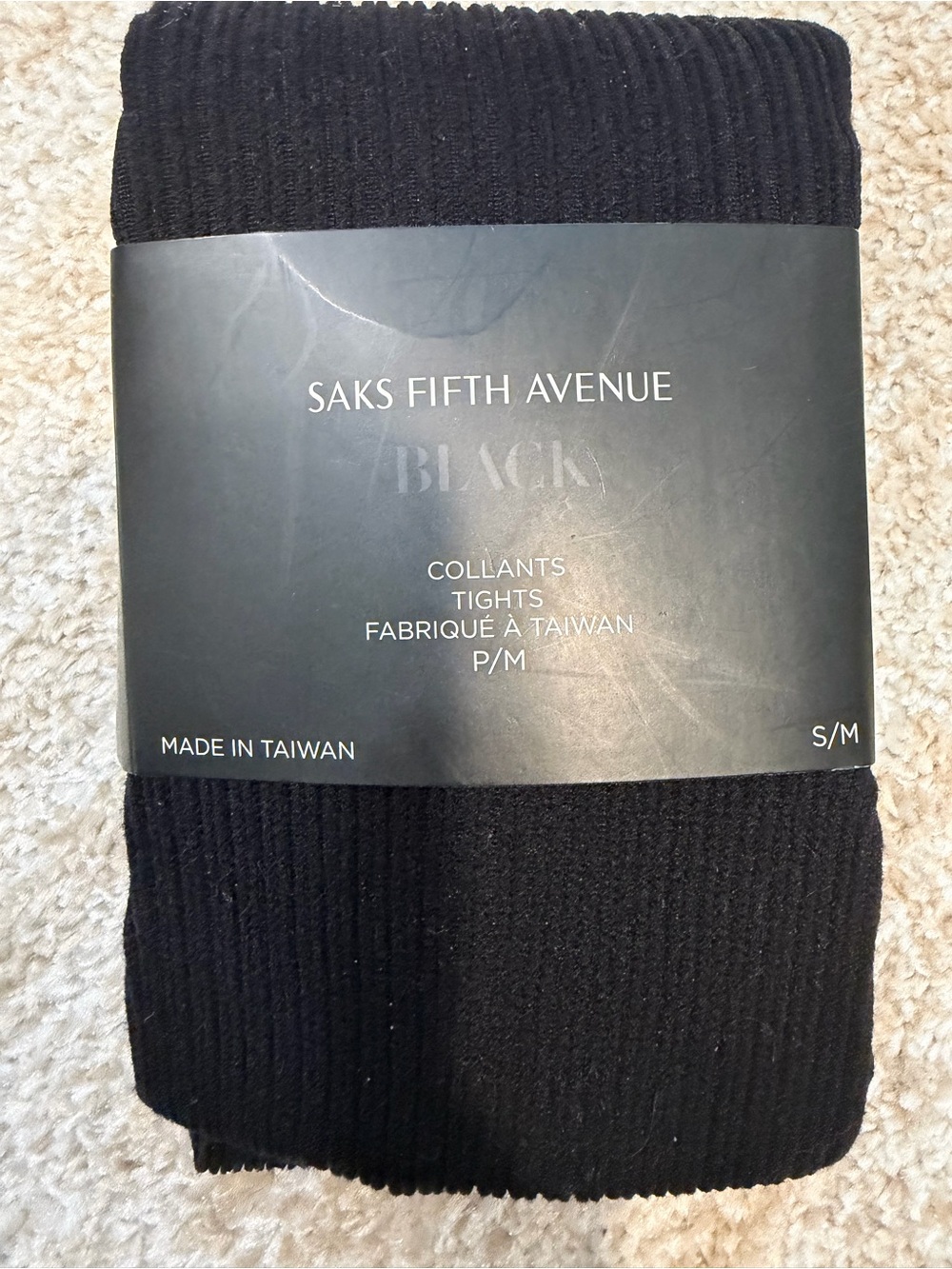 Saks Fifth Avenue Black Ribbed Tights S/M - Packaged